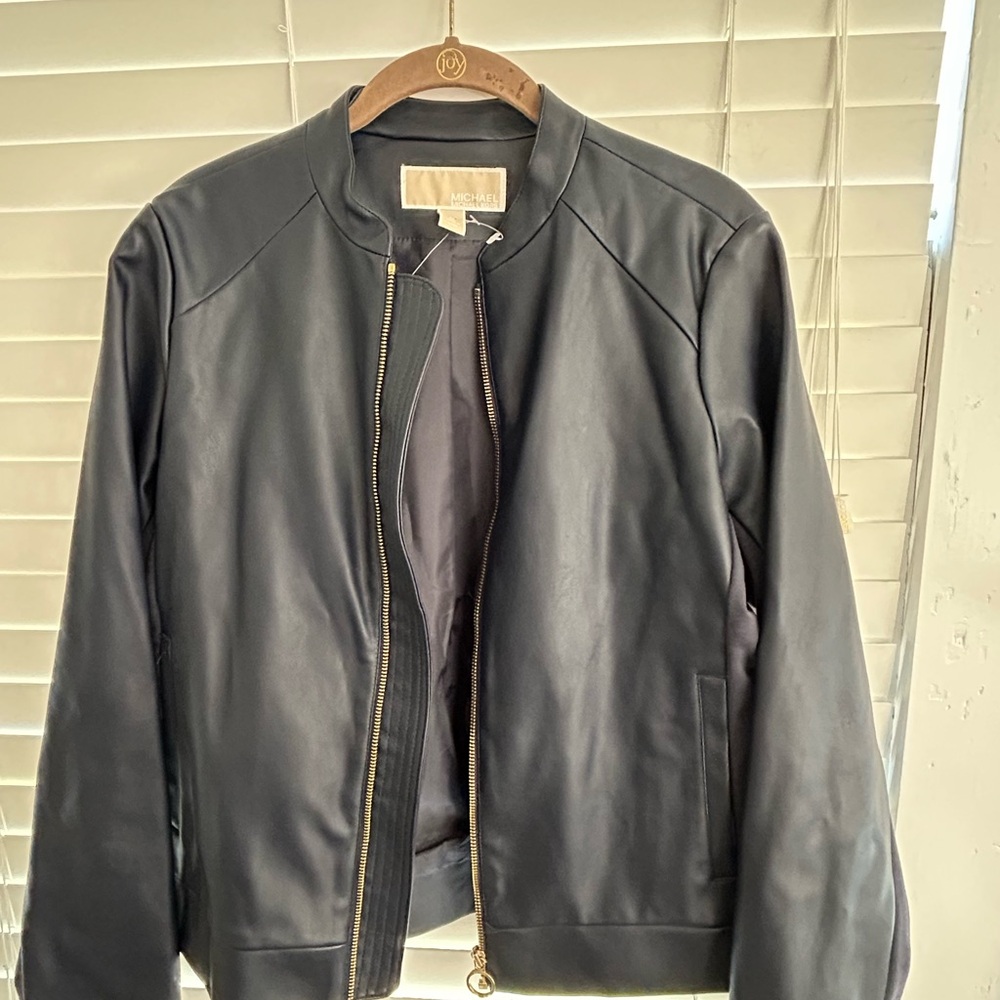 Michael Kors Navy Faux Leather Bomber Jacket with Gold Zip